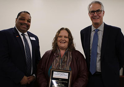 group photo of Dana Boynton from Ventura College with Damon Bell, President of Ventura College and Greg Gillespie, Chancellor