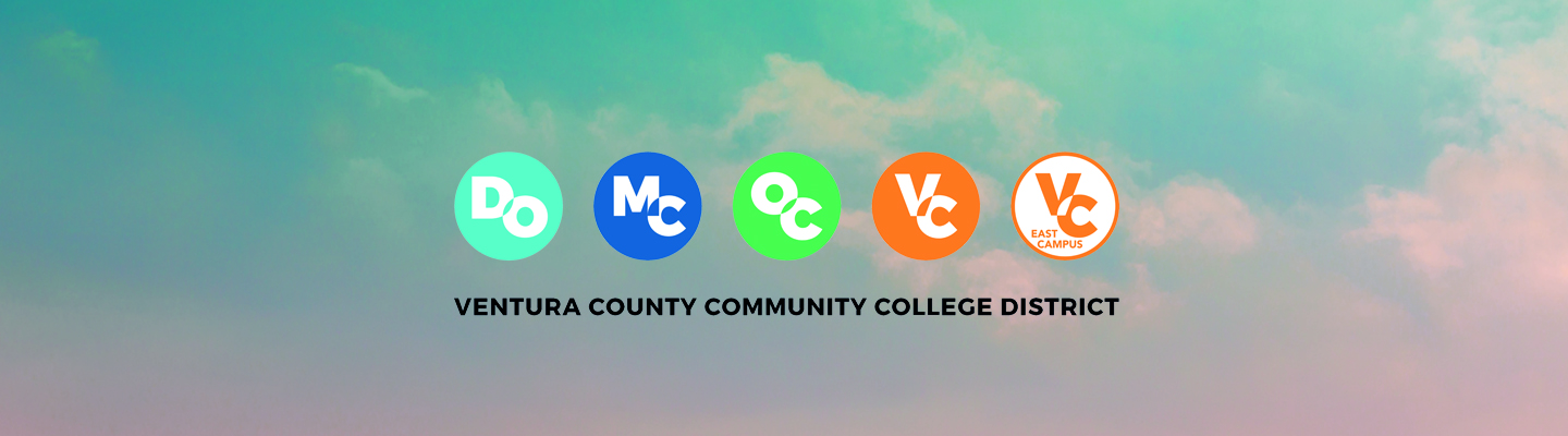 sky with clouds and district office logo, moorpark college logo, oxnard college logo, ventura college logo, ventura college east campus logo