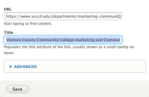 Drupal Link Screenshot, The Url is filled with a webpage and the Title field has context filled in.