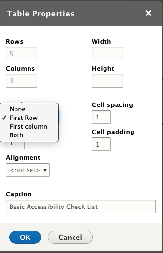 Drupal Table Properties, showing the Headers menu expanded, with options of None, First Row, First Column and Both