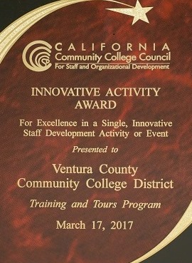 Award presented by California Community College Council for Training and Tours Program dated March 17 2017