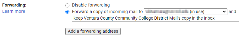 Completed settings for student email forwarding