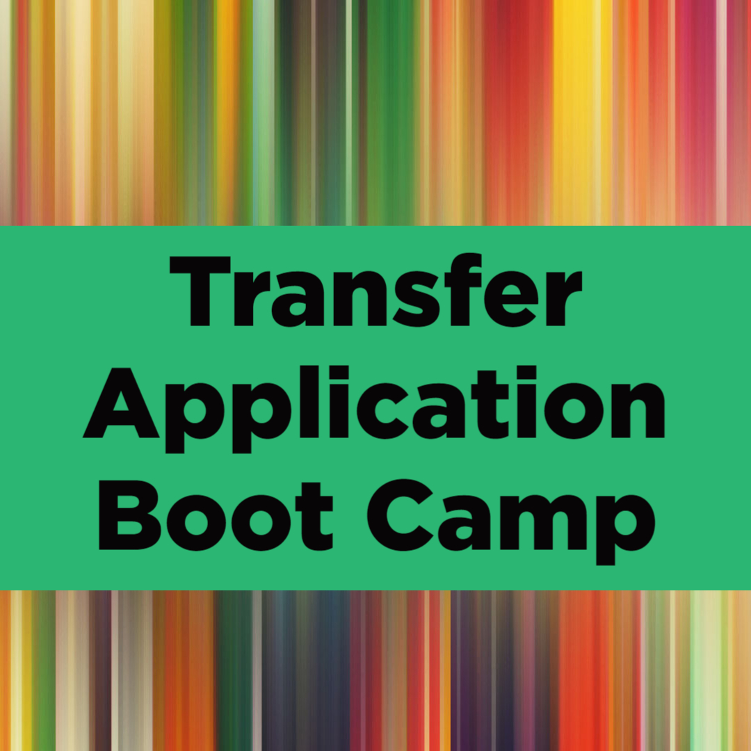 rainbow vertical stripes in background with "Transfer Application Boot Camp" in black font with green rectangle behind text.