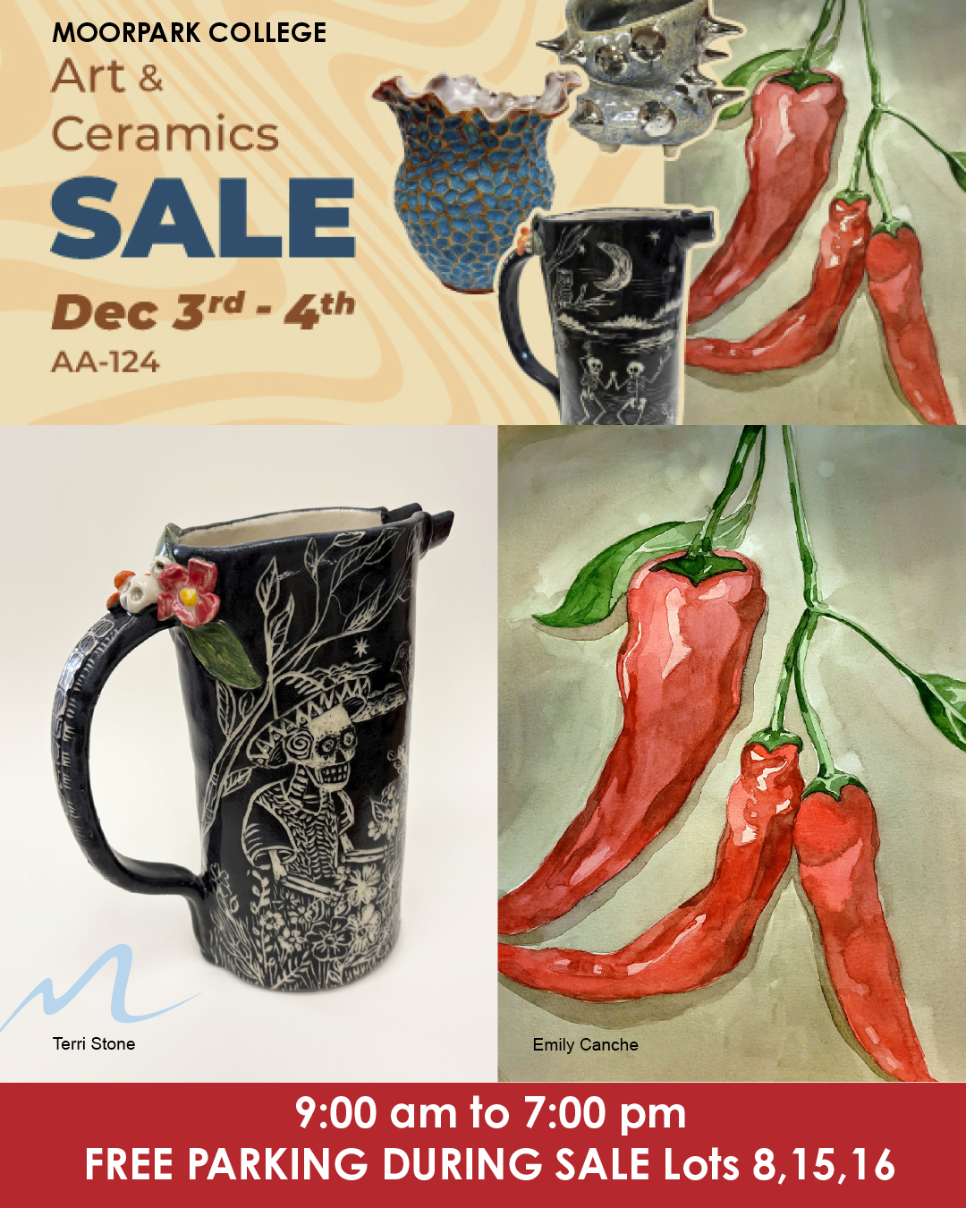 Student Art and Ceramics Sale Sowing a painting of red peppers and a clack coffee mug