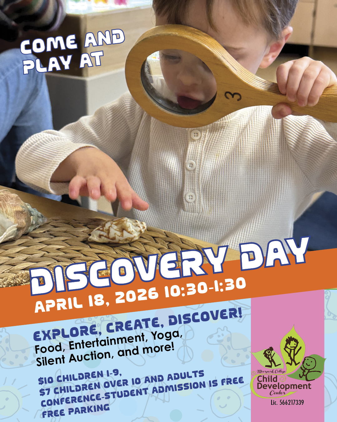 Discovery Day toddler with magnifying glass looking at shells