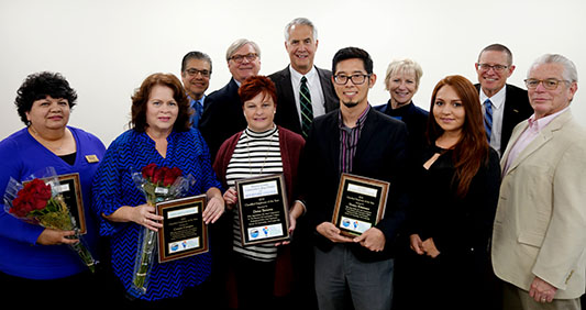 Group photo with Maiya Rodriguez, Connie Campos, Dena Stevens, Victory Kitamura, and Board of Trustees