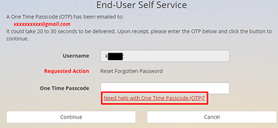 门户帐户自助服务页面，显示“一次密码需要帮助”链接。