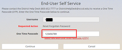 门户帐户自助服务页面，显示“一次性密码”字段