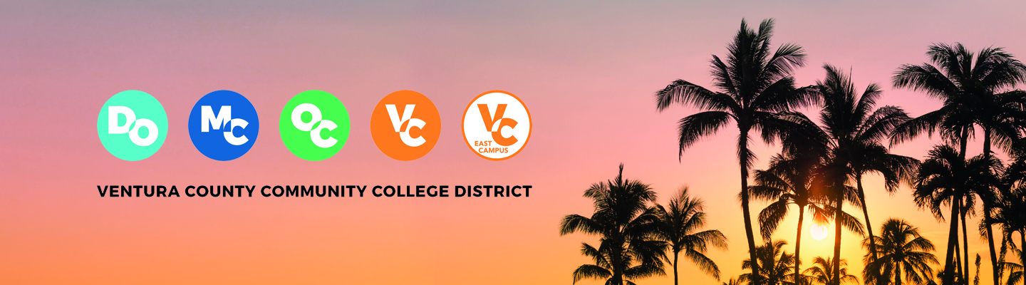 sunset with palm trees and vcccd logos