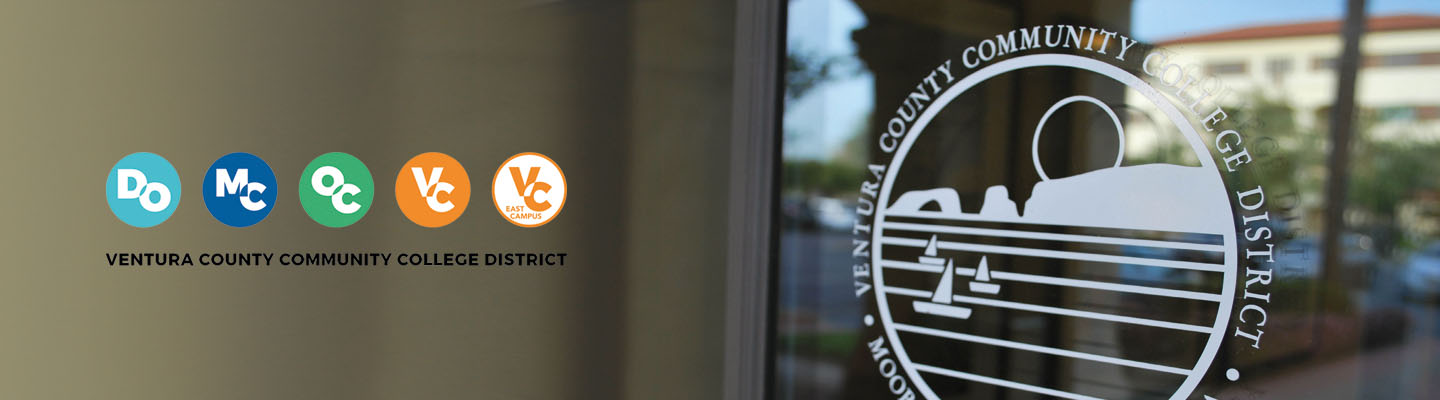 VCCCD logo on a glass door with the Moorpark College, Oxnard College, Ventura College, and Ventura College East Campus logos to the right