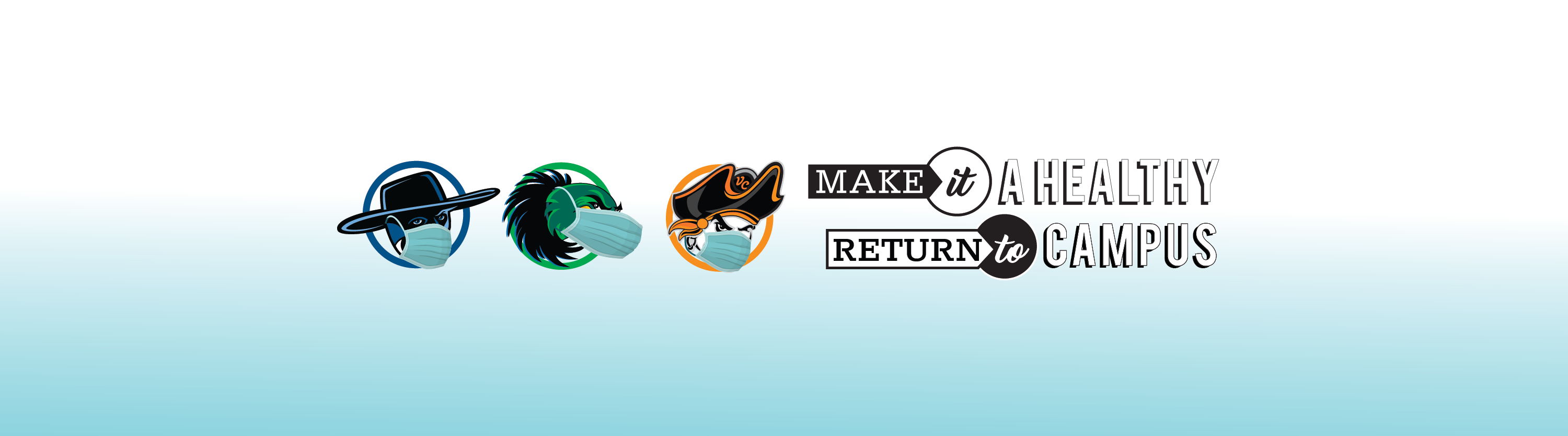 The Three College Mascots each wearing face masks, with text that reads: Make it a Healthy Return to Campus