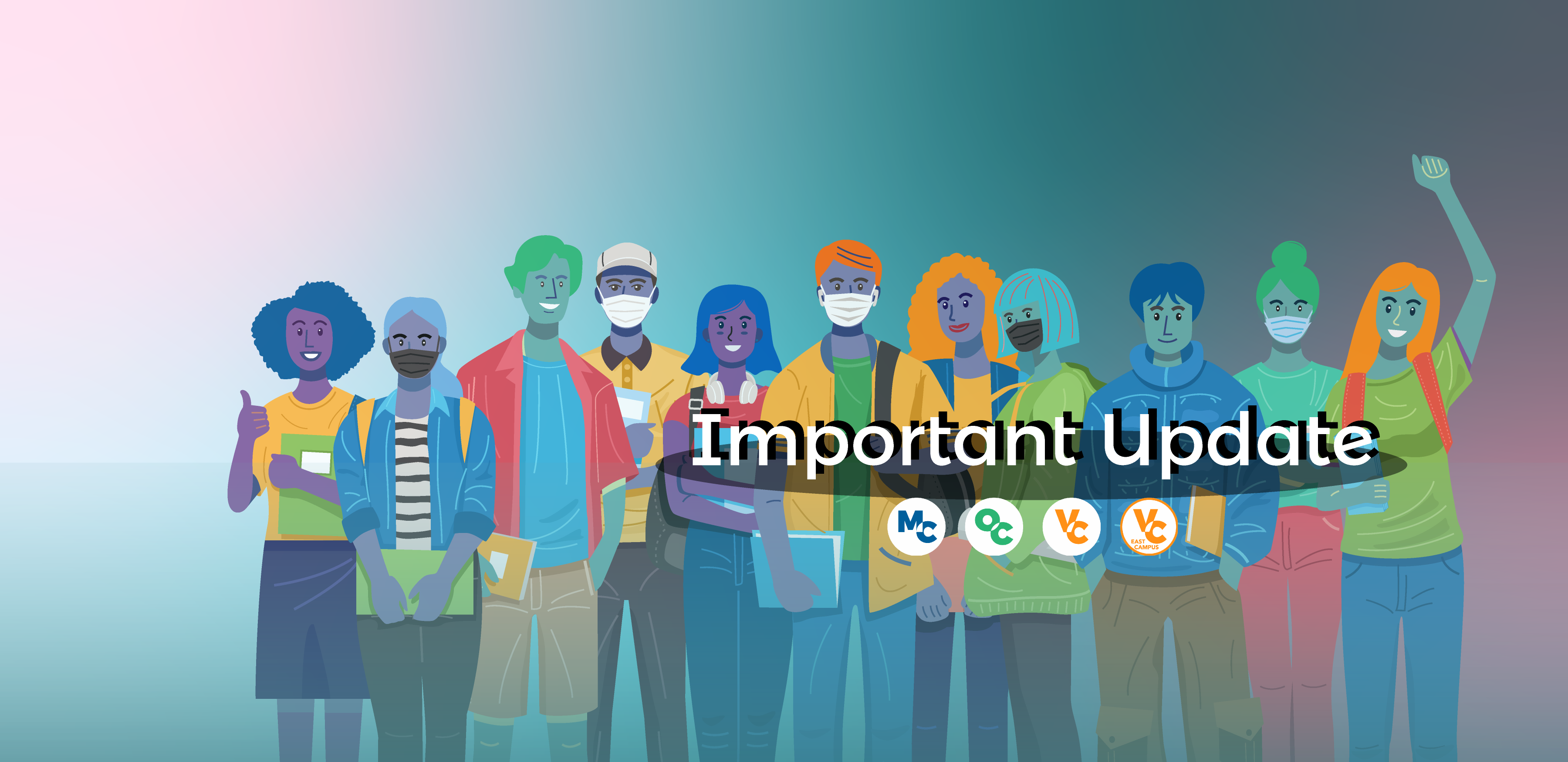 Illustrated people, some wearing masks and others without masks. Text that reads: Important Update.
