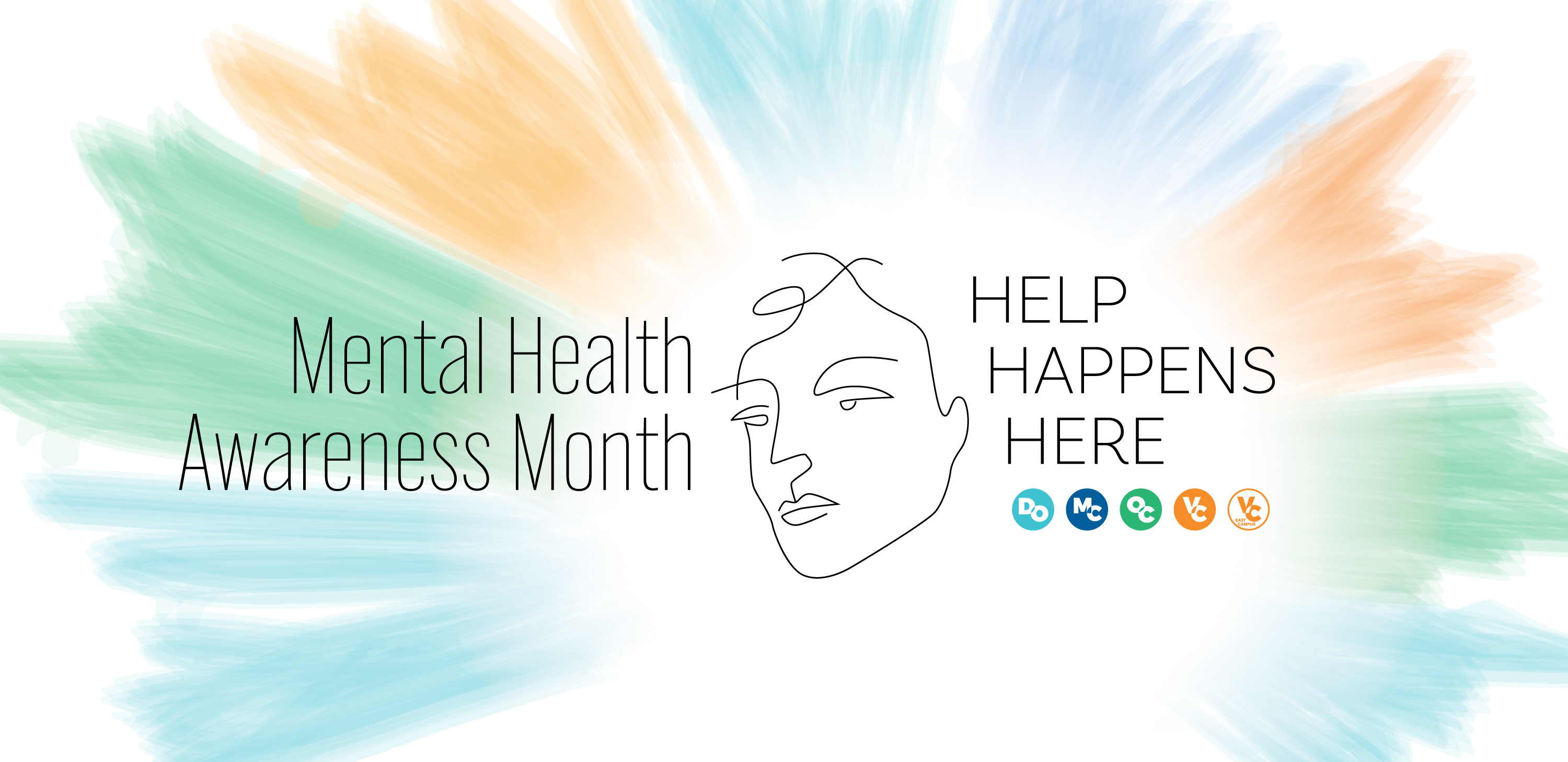 Contour drawing of a face. Text that reads: Help Happens Here. Mental Health Awareness Month.