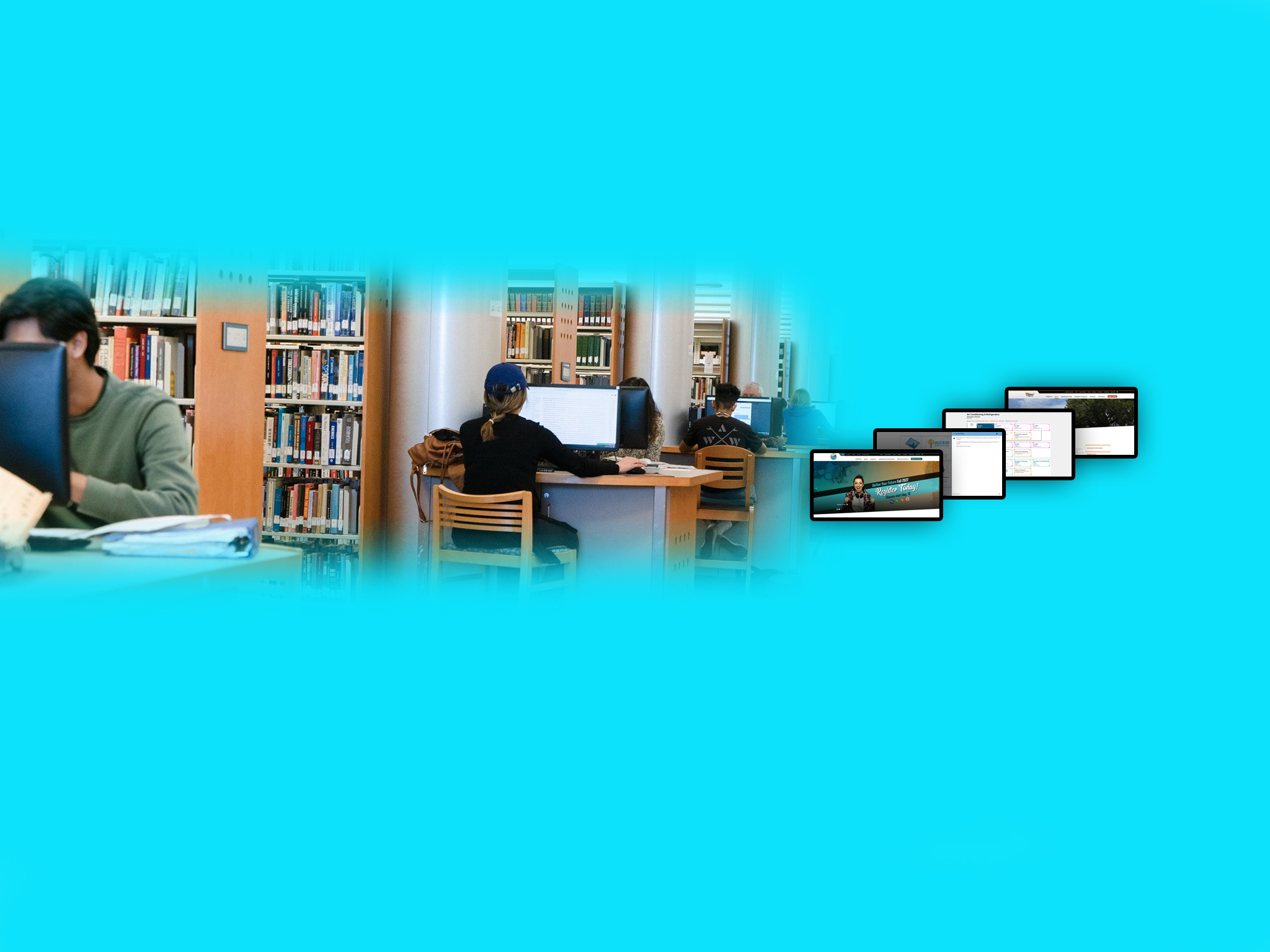 Image of Students at Computers surfing the web in the Library, next to screenshots of our websites, online tools and resources