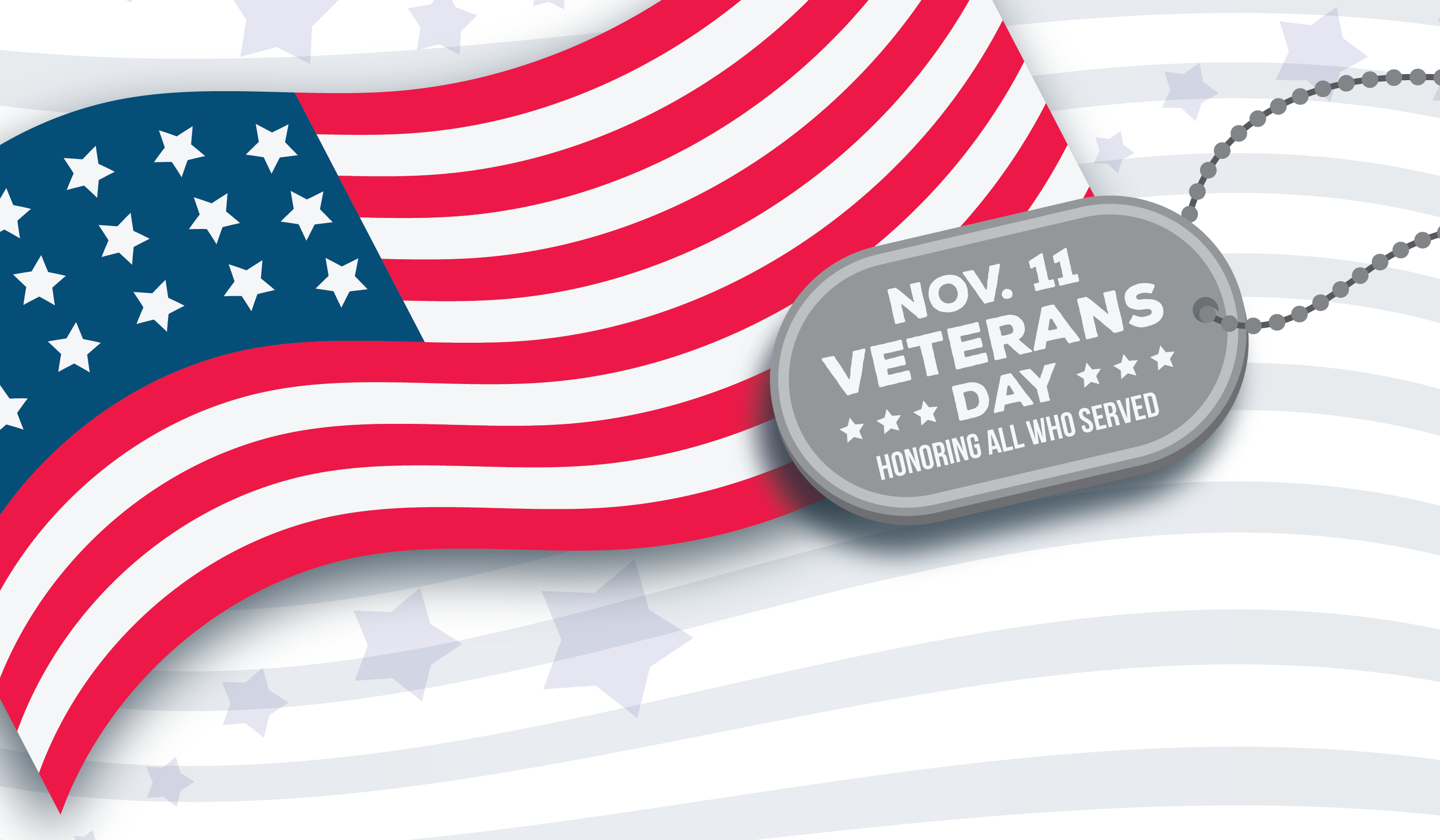 Illustration of the American flag with a military dog tag to the right. The dog tag reads 'Nov. 11 Veterans Day - Honoring All Who Served' in bold white text. Light gray stars are subtly patterned in the background.