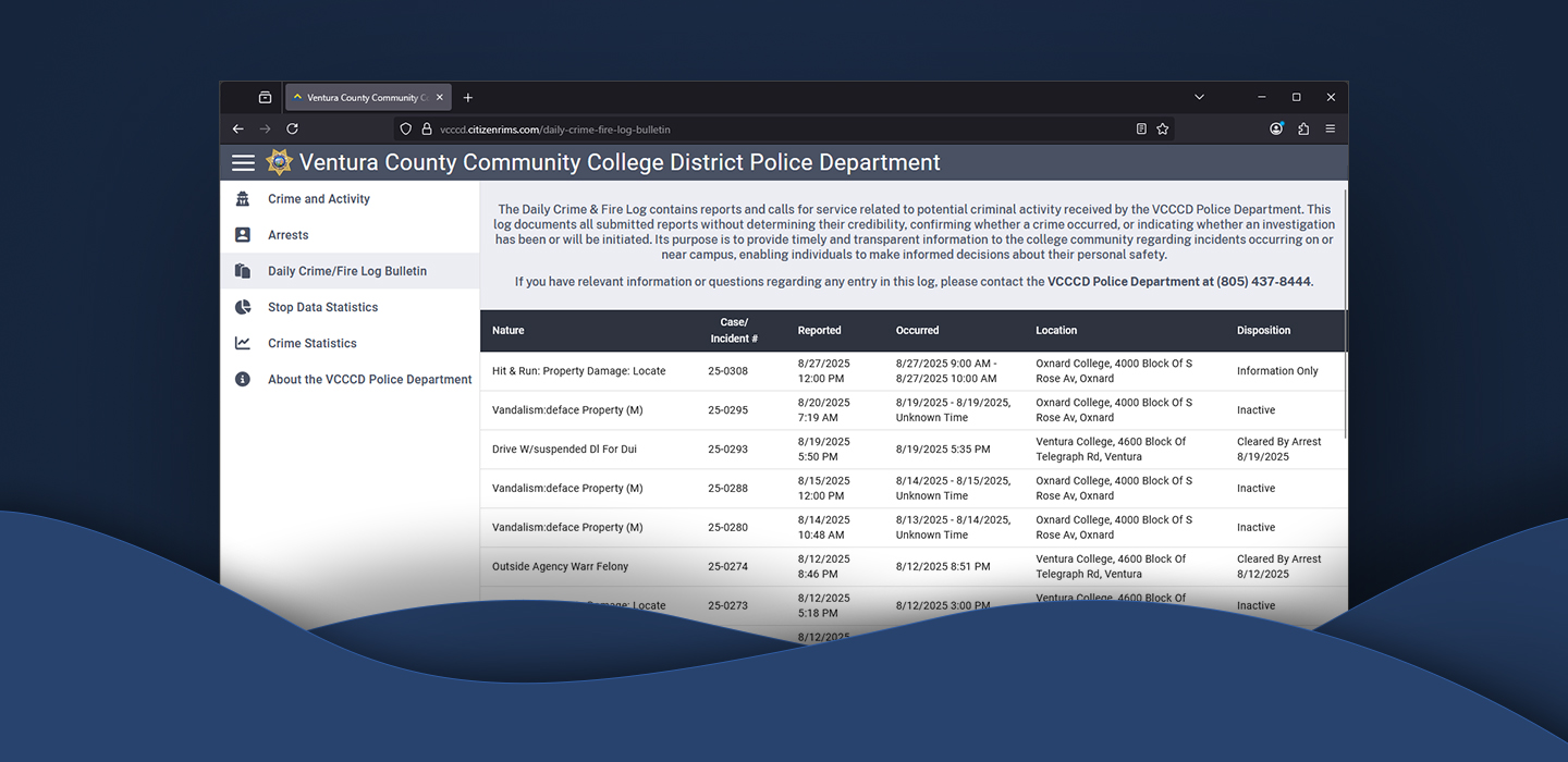 Graphic showing the VCCCD Crime Log website superimposed over a dark blue background
