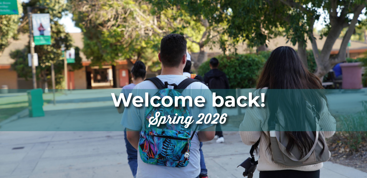 “Students walking on a tree-lined campus path, viewed from behind, with the text ‘Welcome back! Spring 2026’ overlaid on the image.”