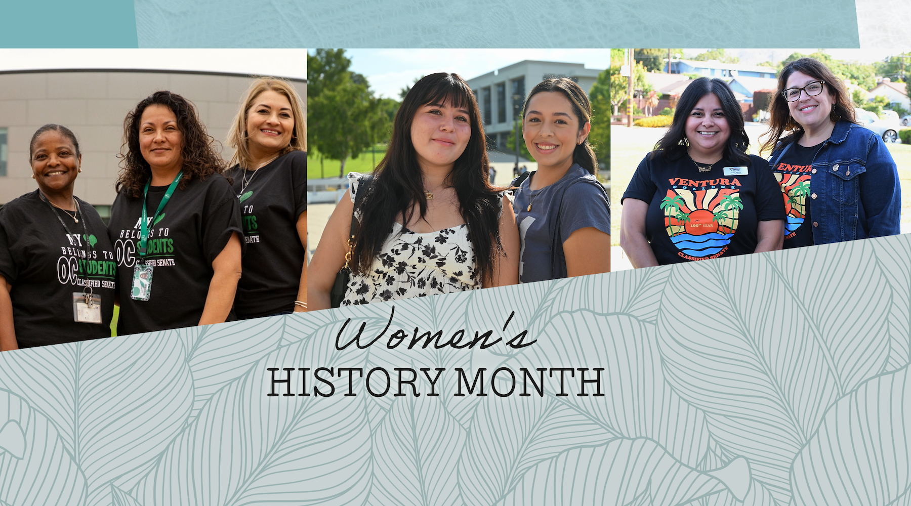 Women staff and students pose outdoors; graphic reads “Women’s History Month.”
