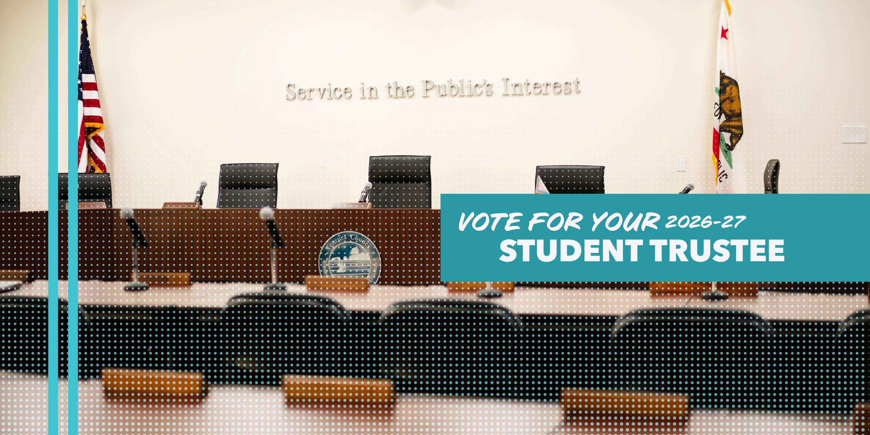 Empty VCCCD boardroom with text overlay: Vote for your 2026-27 Student Trustee.