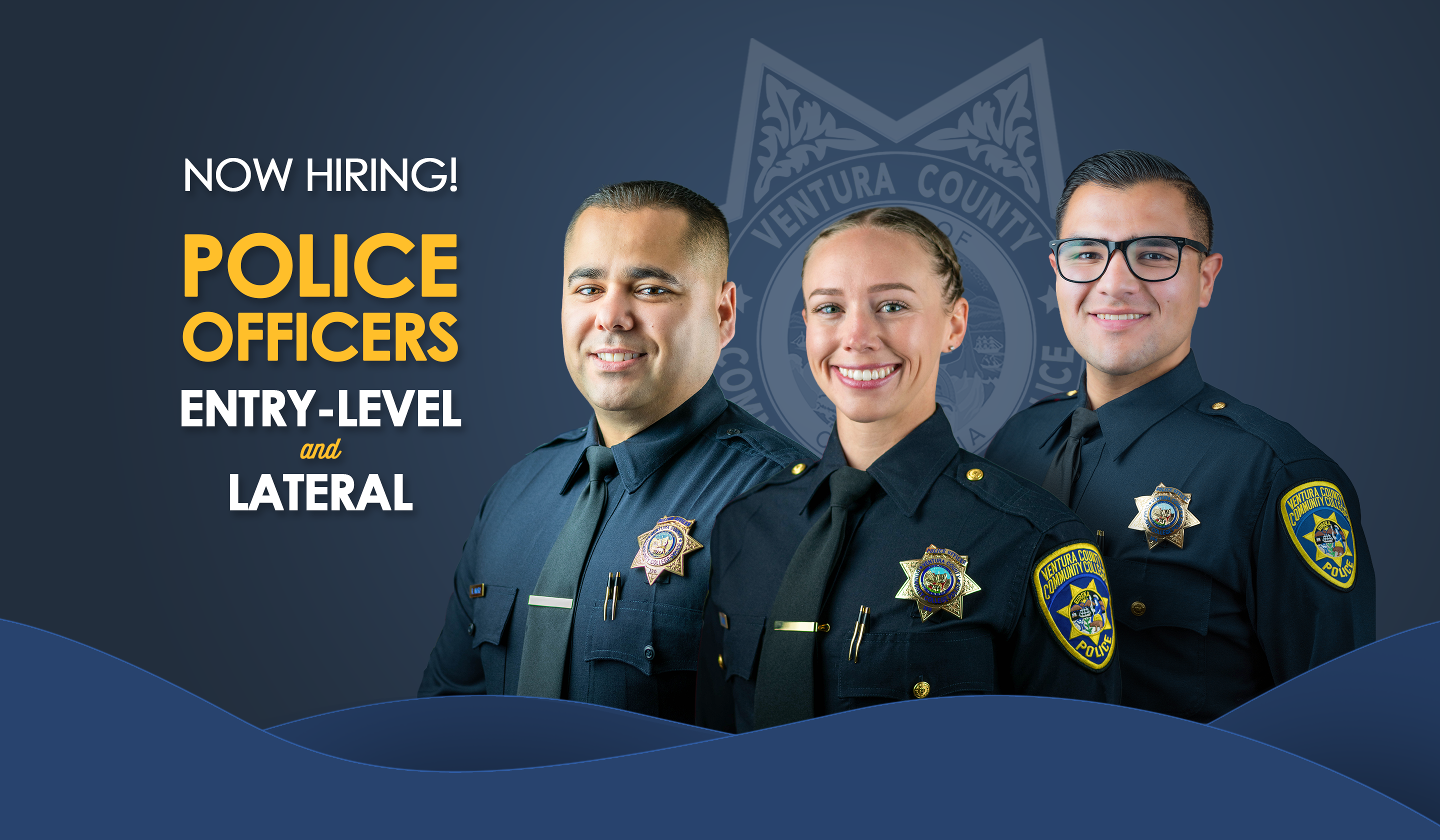 Police officer hiring banner featuring three VCCCD police officers and the words "Now Hiring"