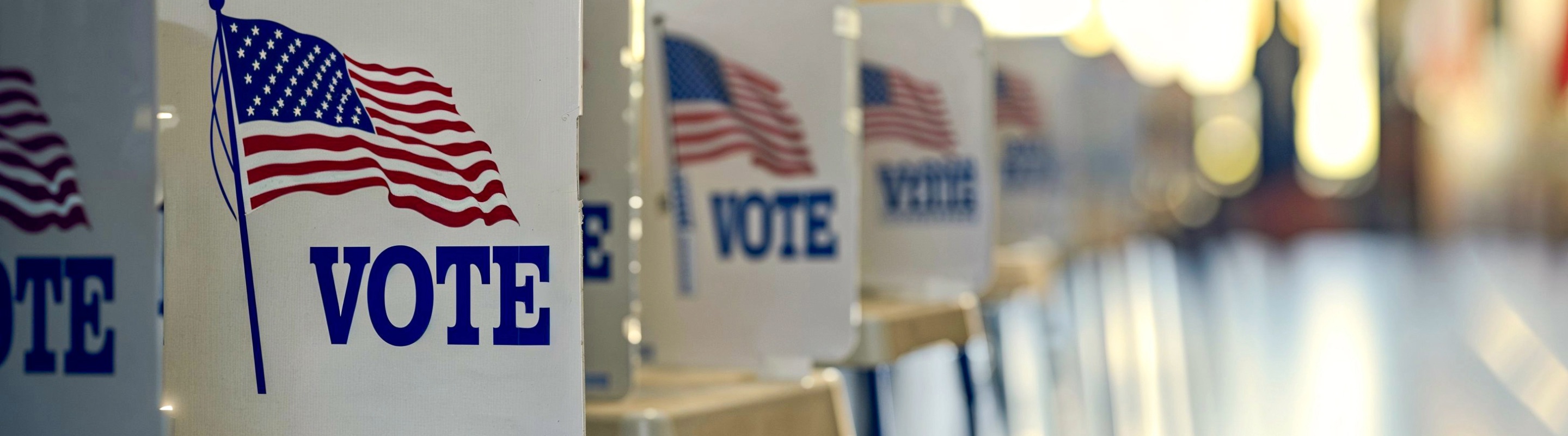 Row of voting booths that say "Vote" with a print illustration of an American flag