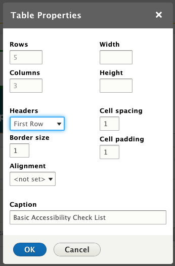 Screenshot of the Drupal Table Properties