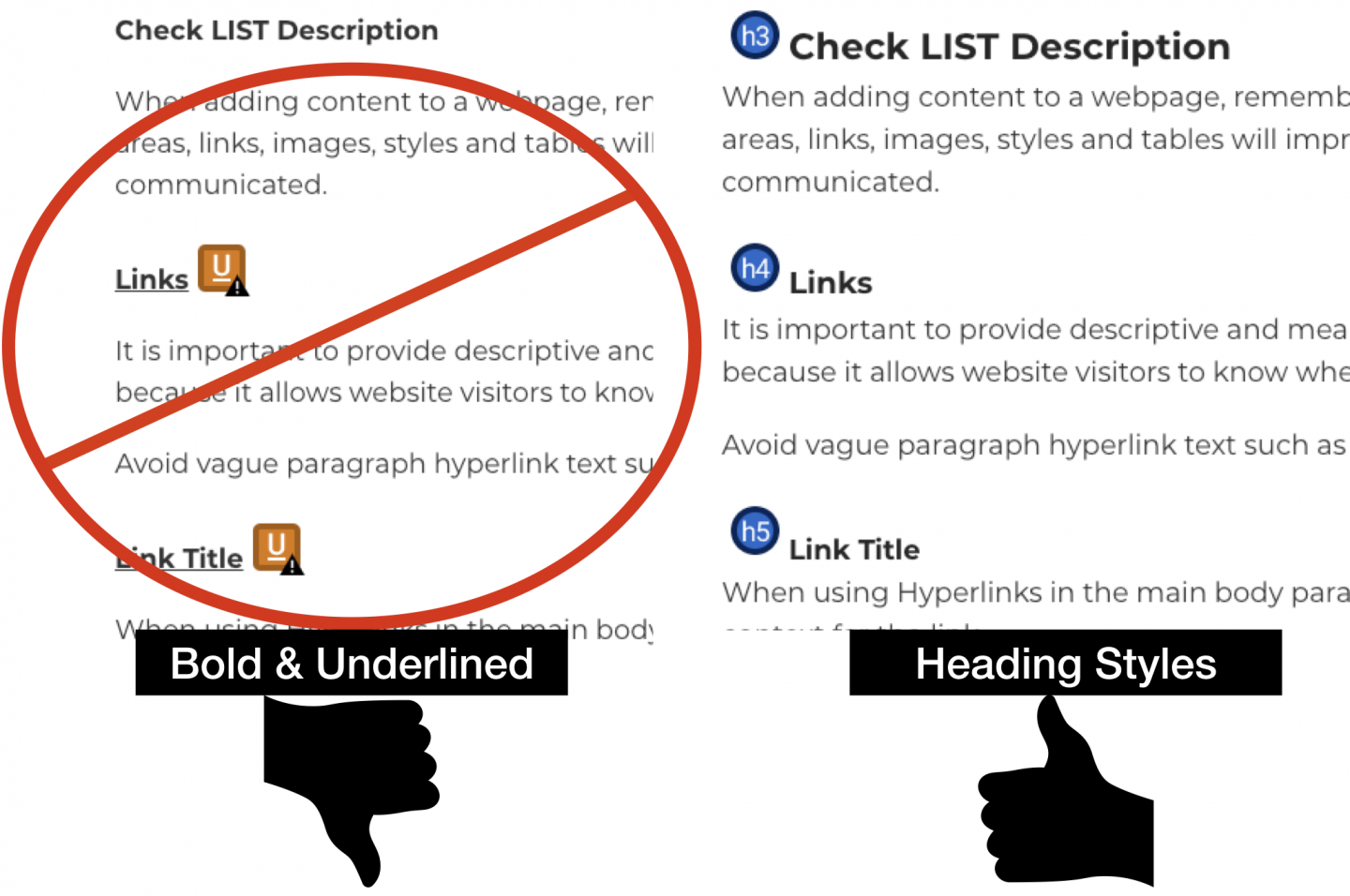 Thumbs down for bold and underlined text used as a heading and thumbs up for actual Heading Styles used to separate content.