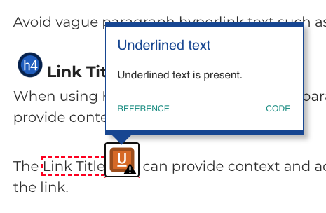 WAVE evaluation tool icons displayed for a heading and underlined text