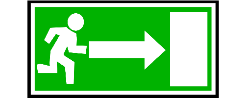 green background with white graphic of person running towards an open door with an arrow between facing right