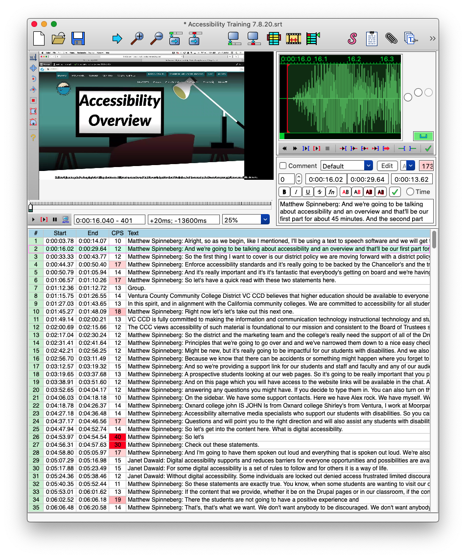 Aegisub project, video displayed in the upper left, lines of text displayed below, the audio wave form and text edit box displayed in the upper right.