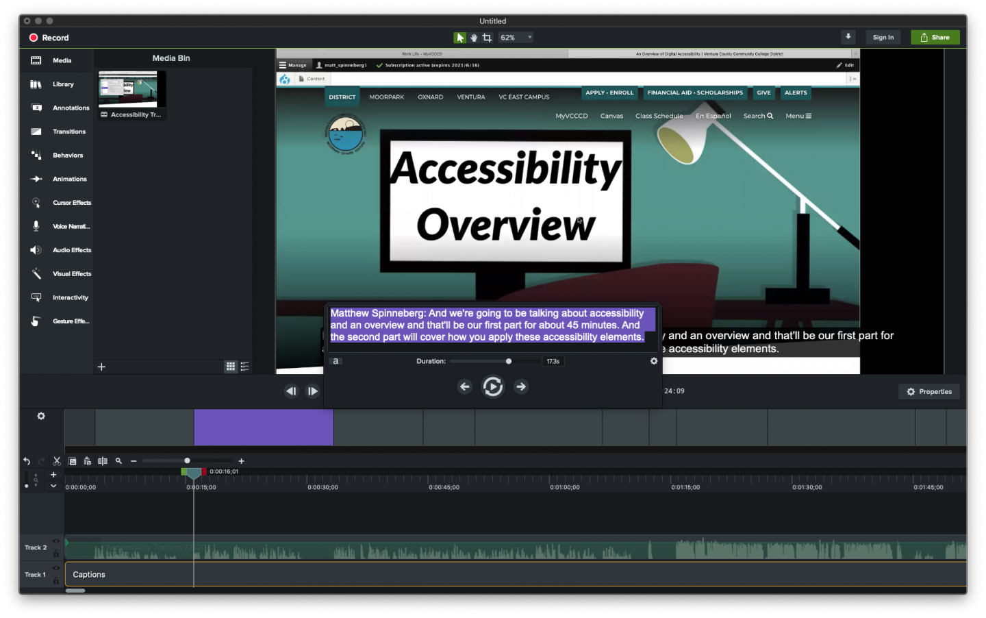 Camtasia Project, a video and caption track is displayed.