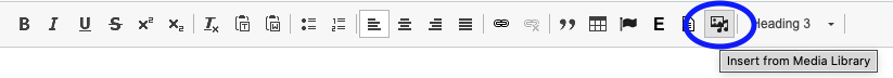 Drupal editor screenshot, Insert from Media Library button circled in blue