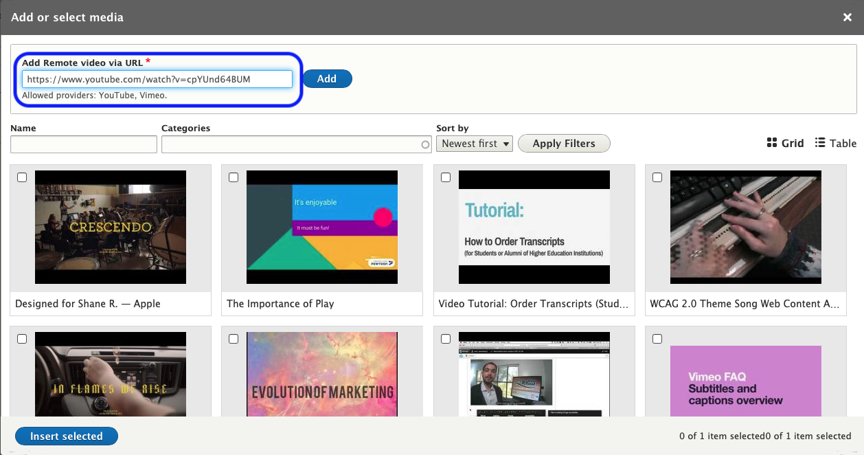 Drupal screenshot with URL pasted into the Add Remote video via URL field