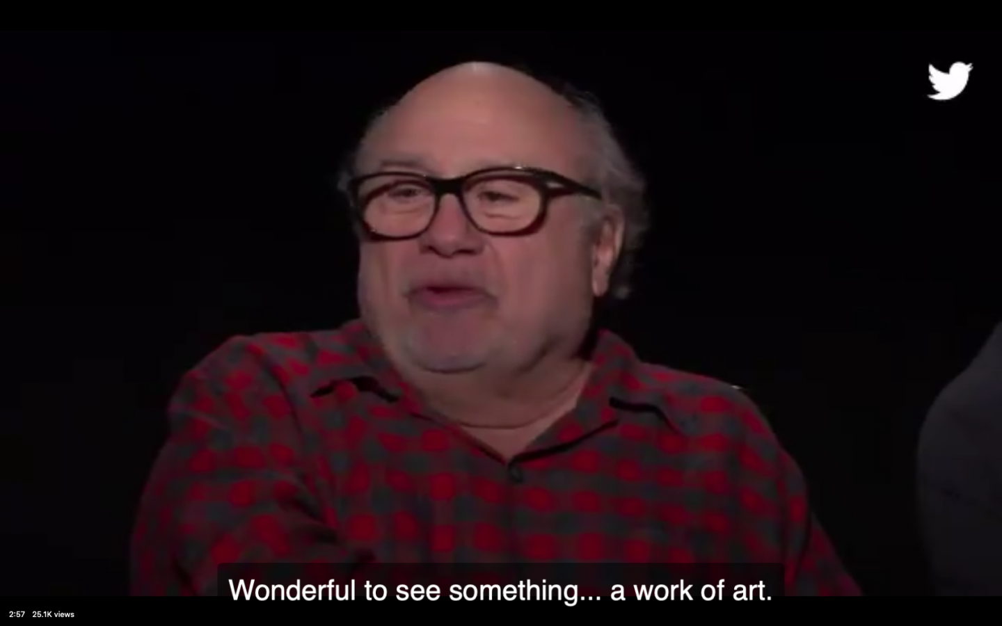 Twitter video screenshot of Danny DeVito, captions read, Wonderful to see something... a work of art.