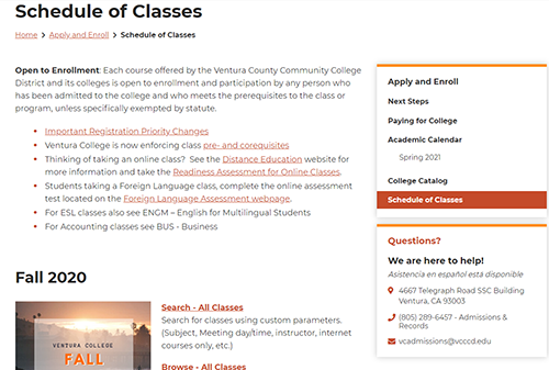 schedule of classes page on the college public website