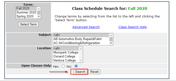 class search interface