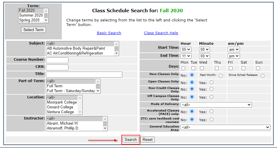advanced class search interface