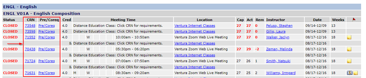 highlighting CRN and the “Pre/Coreq" columns