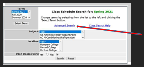 Screenshot of Class Schedule Search, with an arrow pointing to the Advanced Search Link