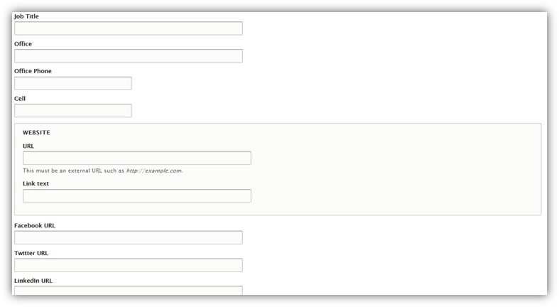 Screenshot of Employee Directory page editor, blank fields for information
