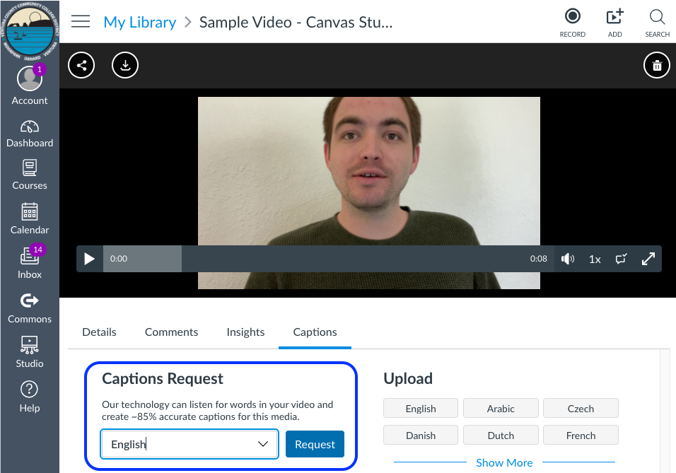 Webpage screenshot, a blue outline is placed on the Captions Request section within a video chosen in Canvas Studio