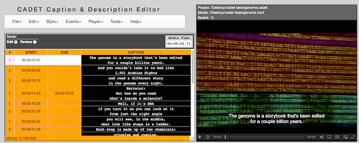 CADET Screenshot, the captions editor and media player are shown.