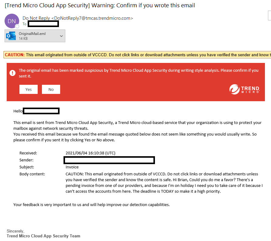 Email from Trend Micro notifying user that they have been impersonated