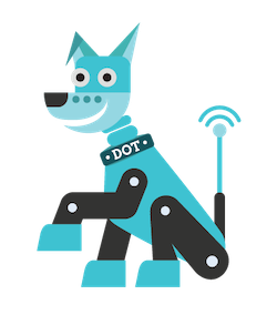 Illustrated robot dog with a collar that reads DOT. 