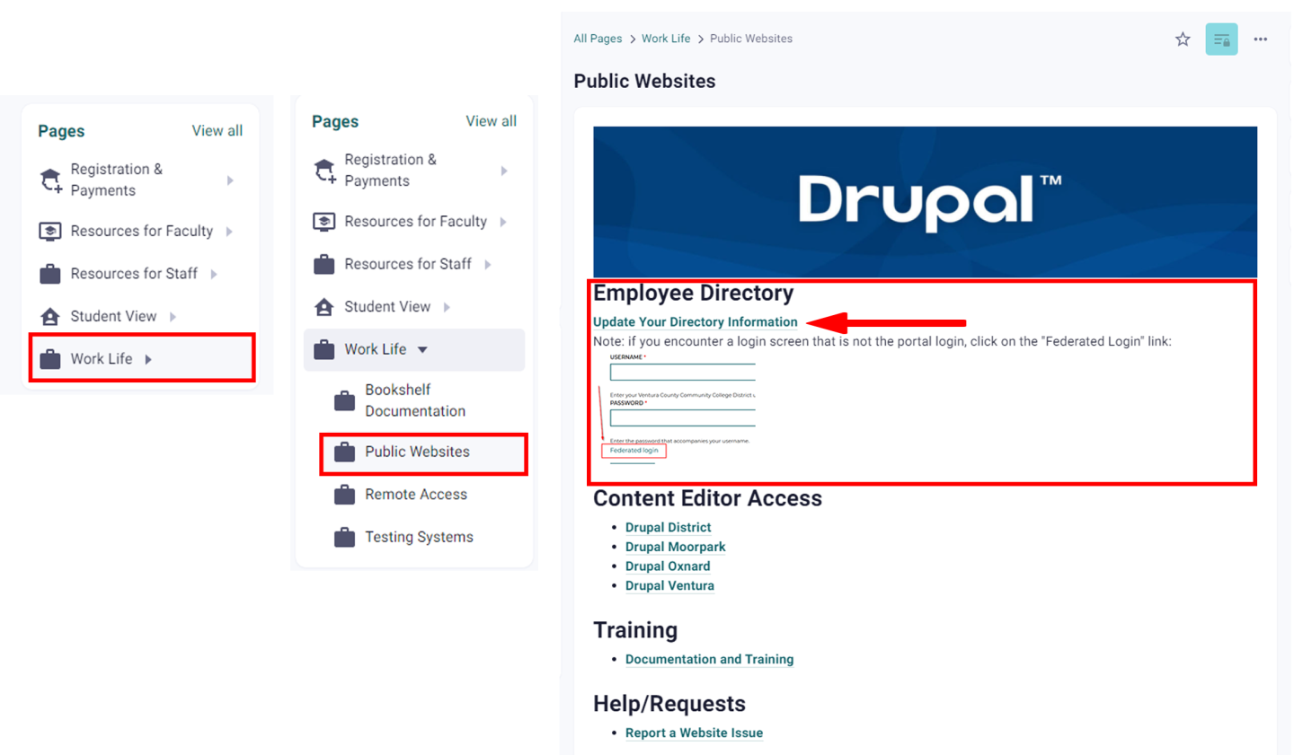 Screenshots of Accessing Drupal Page in MyVCCCD Portal