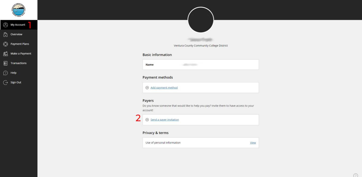 Screenshot of ePayment demonstrating steps 1 & 2