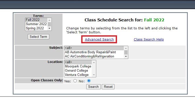 Screenshot of Class Schedule Search, with an arrow pointing to the Advanced Search Link