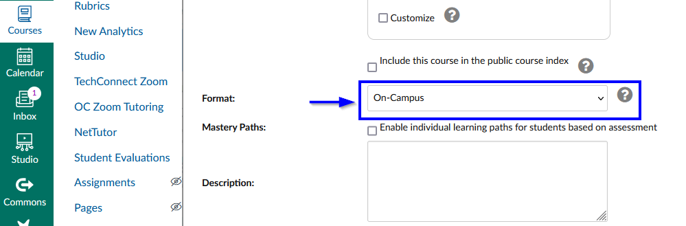 Course settings, format