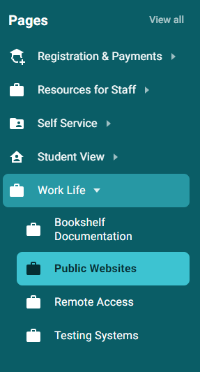 Screenshot of the Left Hand Navigation Pane, showing the Public Websites Link under the Work Life Section