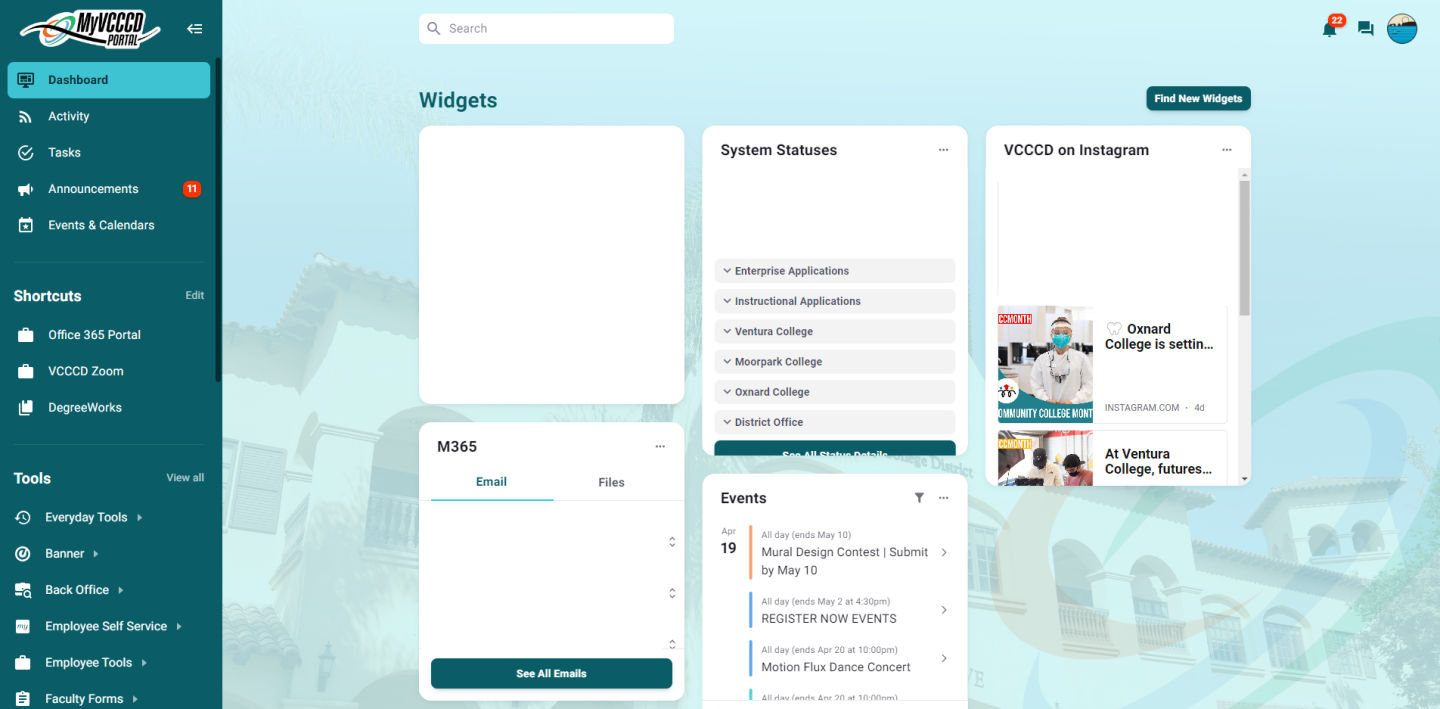 Screenshot of the MyVCCCD Portal Dashboard
